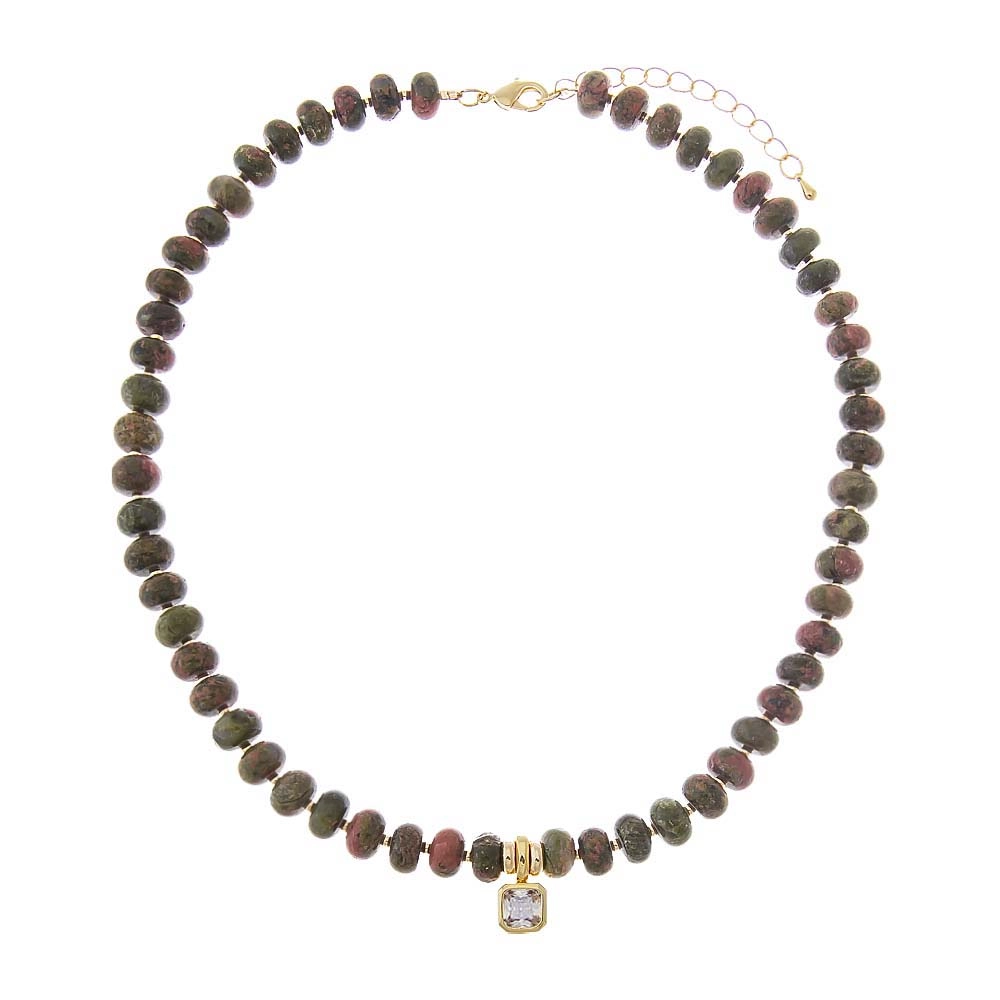 Unakite Natural Beaded Stone CZ Assher Bezel Drop Charm Necklace