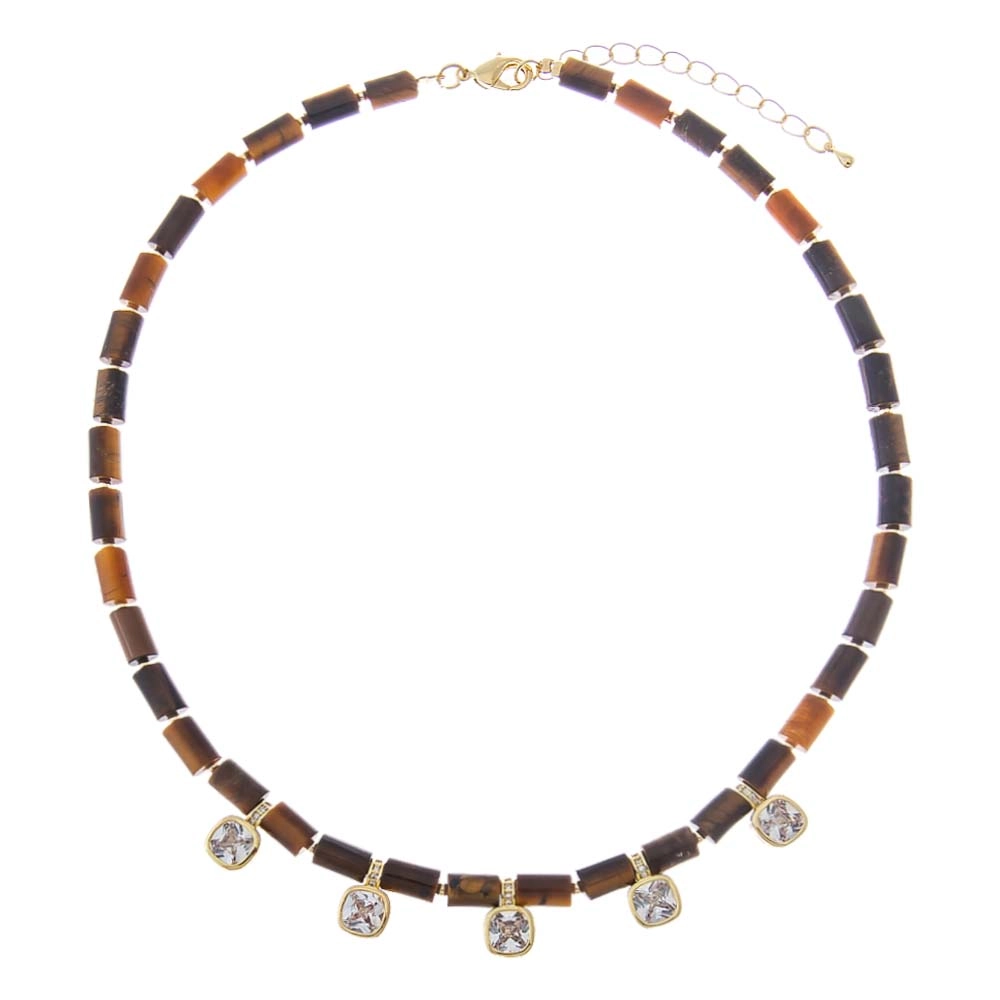 Tiger Eye Cylinder Beaded Multi Bezel Charm Necklace