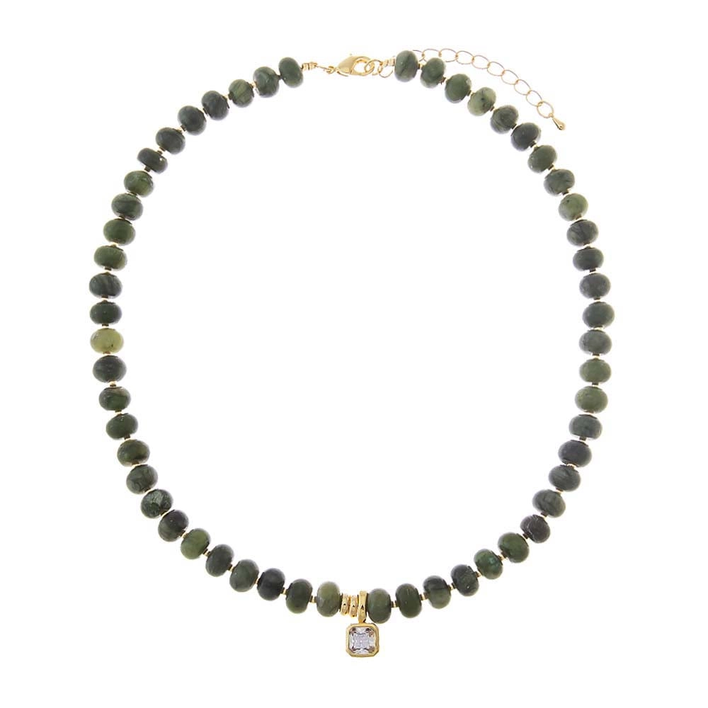 Serpentine Jade Beaded CZ Assher Bezel Drop Charm Necklace