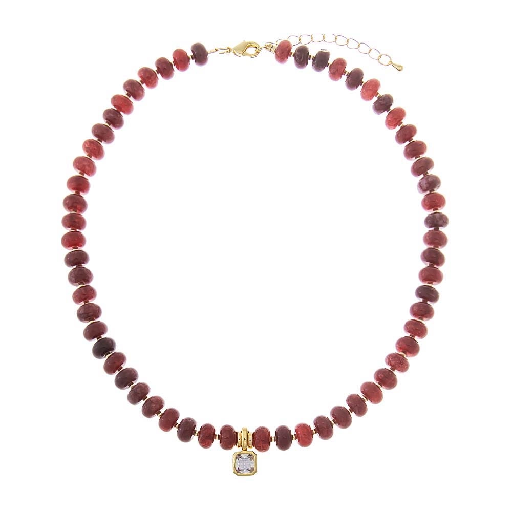 Red Jasper Beaded CZ Assher Bezle Drop Charm Necklace