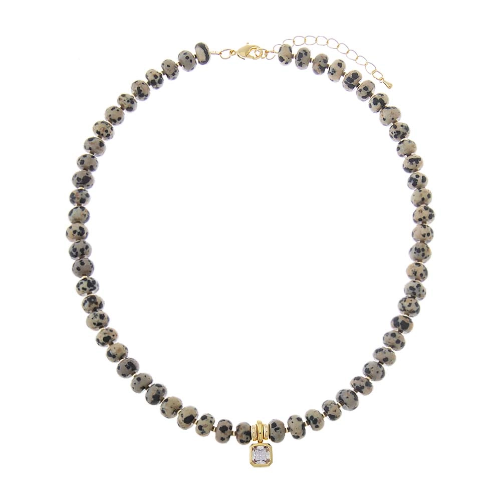Dalmatian Beaded CZ Assher Bezel Drop Charm Necklace
