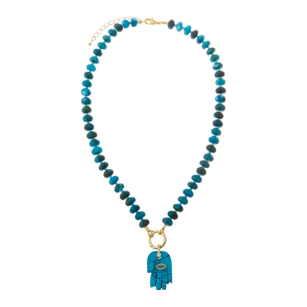 Deep Lake Blue Apatite Beaded Hamsa Hand Pendant Clicker Necklace