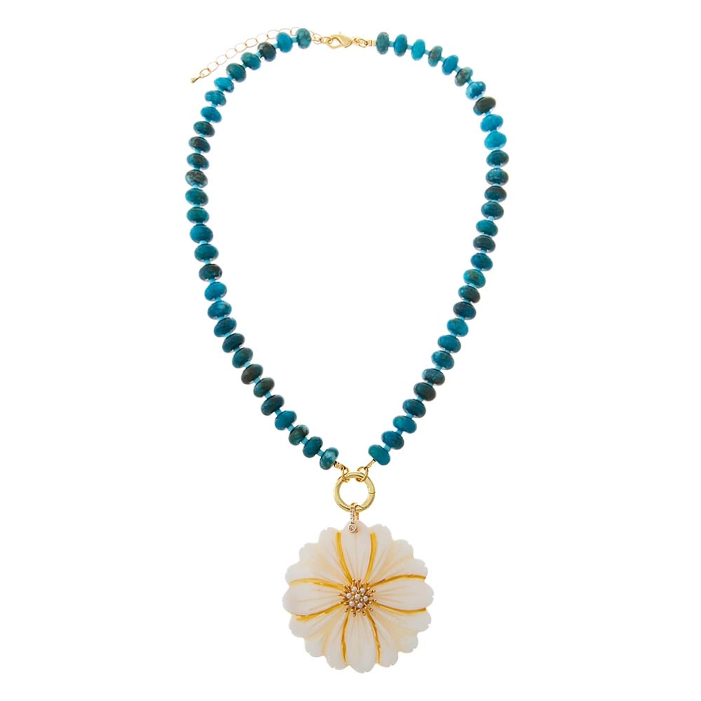 Deep Lake Blue Apatite Beaded Bloom Flower Pendant Clicker Necklace