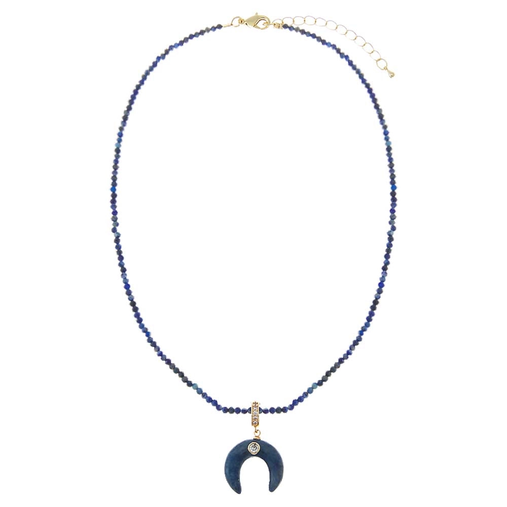 Lapis Beaded Horn Crescent Moon Pendant Necklace