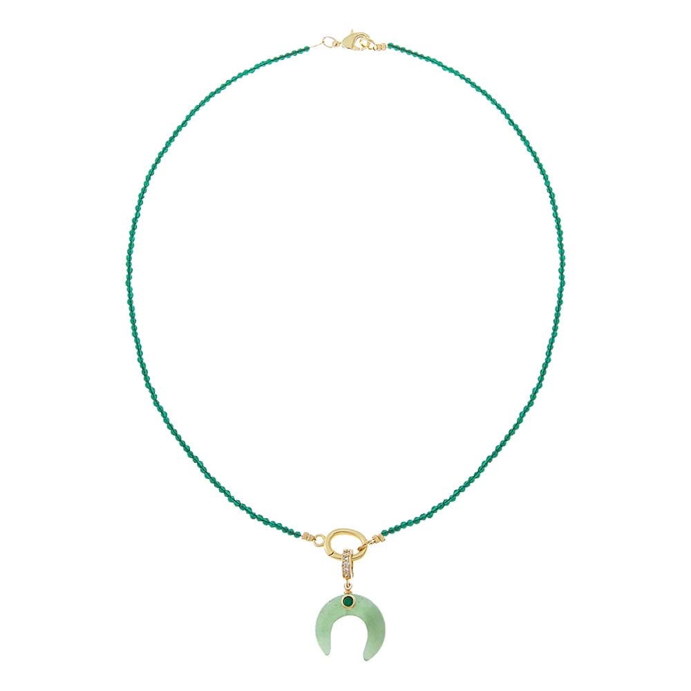 Jade Green Horn Crescent Moon Natural Stone Beaded Chain Necklace