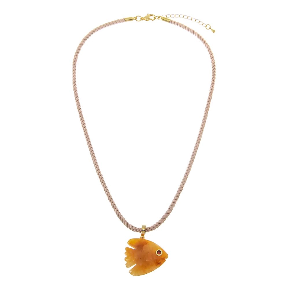 Yellow Stone Carved Fish Cotton Rope Necklace