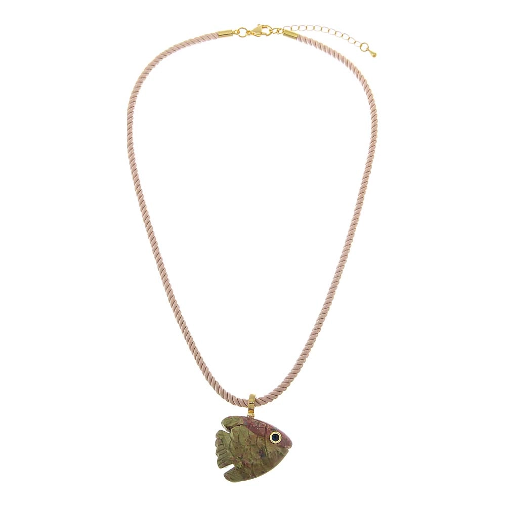 Unakite Stone Carved Fish Cotton Rope Necklace