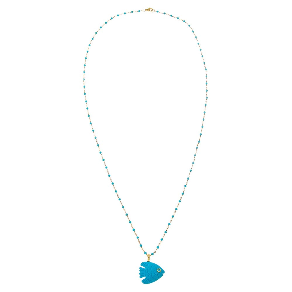 Turquoise Carved Fish Extra Long Beaded Chain Necklace